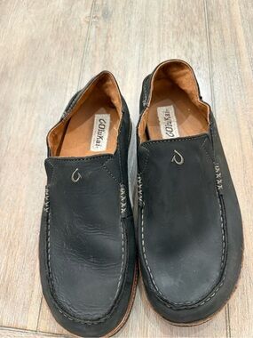 Men’s OluKai Moloa Black Leather Loafers | Size 9.5